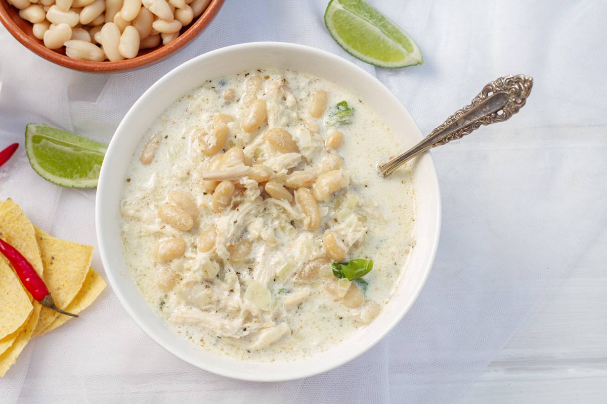 white chicken chili in a white bowl