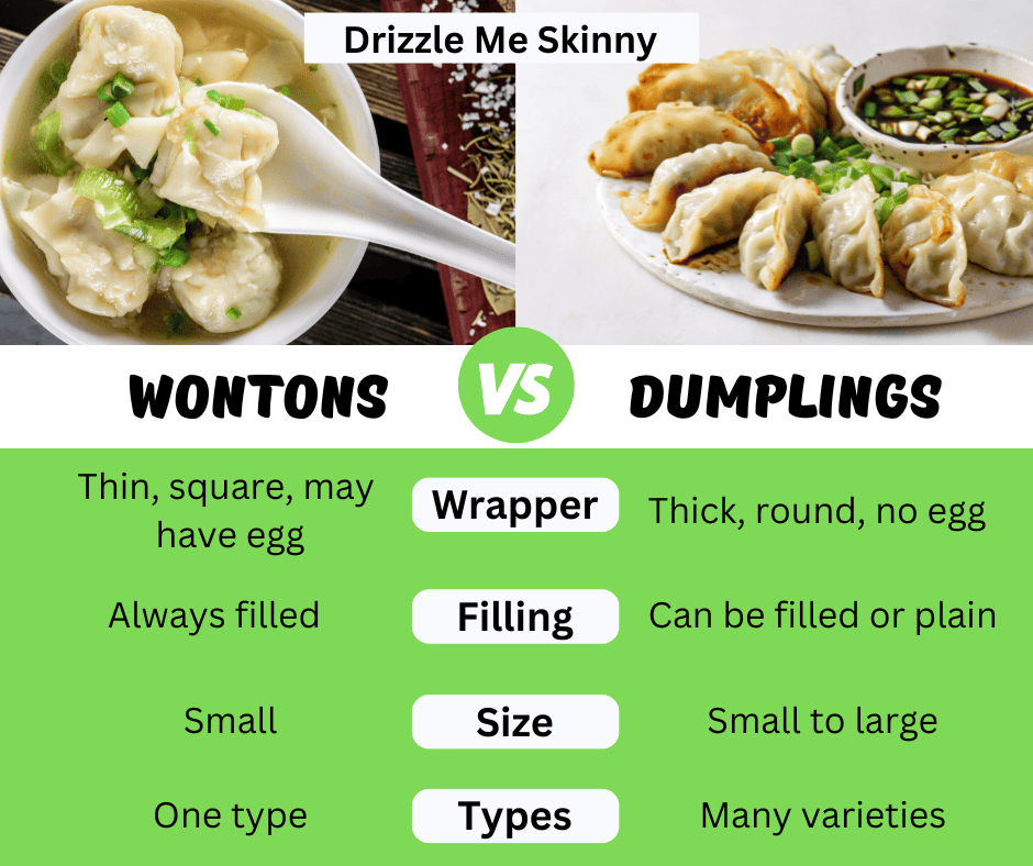 wontons in soup, next to dumplings on a white serving dish