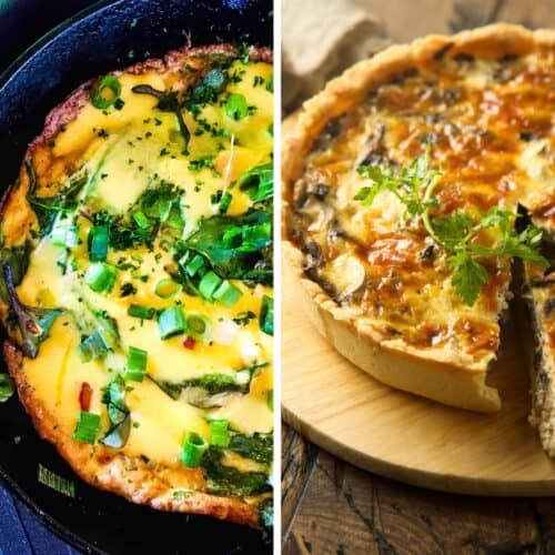 Frittata in cast iron skillet next to quiche sitting on cutting board