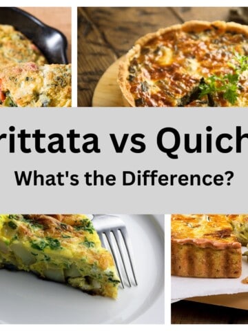 frittata in skillet next to quiche on plate