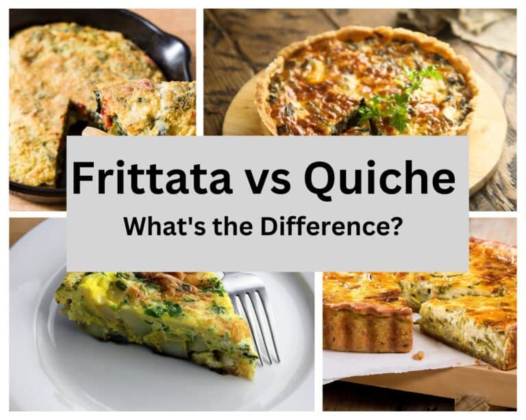 frittata in skillet next to quiche on plate