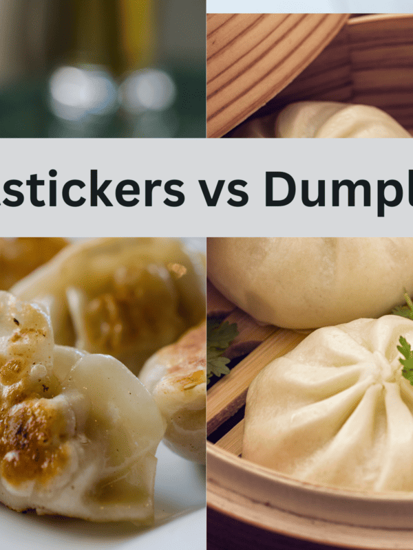 Potstickers next to bowl of dumplings