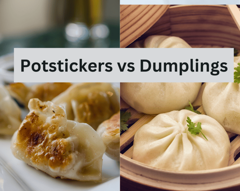 Potstickers next to bowl of dumplings