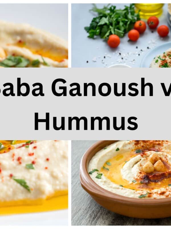 Baba Ganoush next to Hummus on white plate