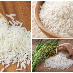 Basmati rice on table next to jasmine rice