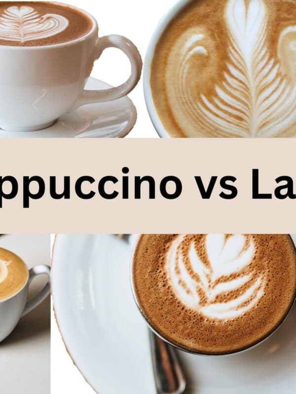 Cappuccino in white cup next to latte in white cup