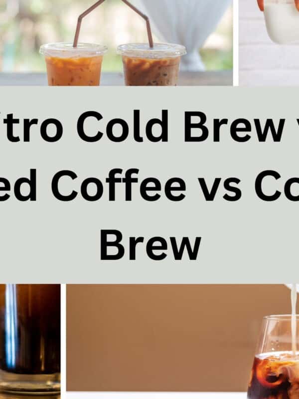 Cup of nitro cold brew next to cup of iced coffee next to cup of cold brew