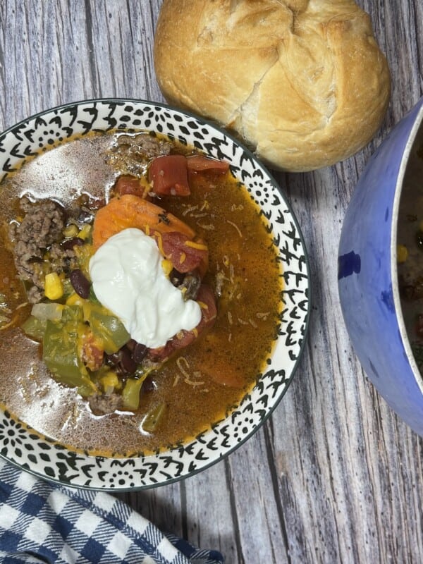 cowboy soup with bread and sour cream