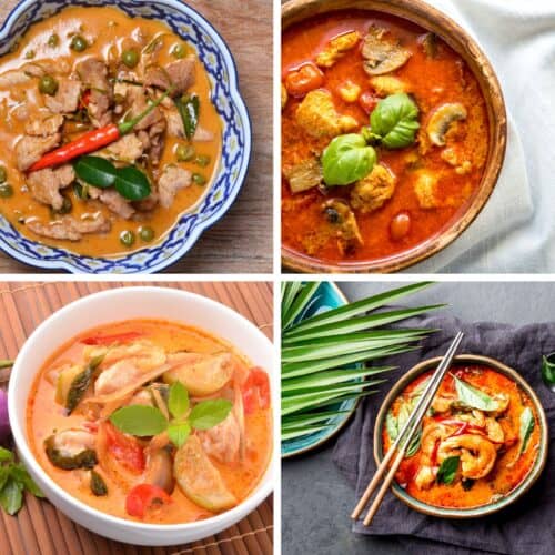 Panang Curry in blue ornamental bowl next to red curry in wooden bowl