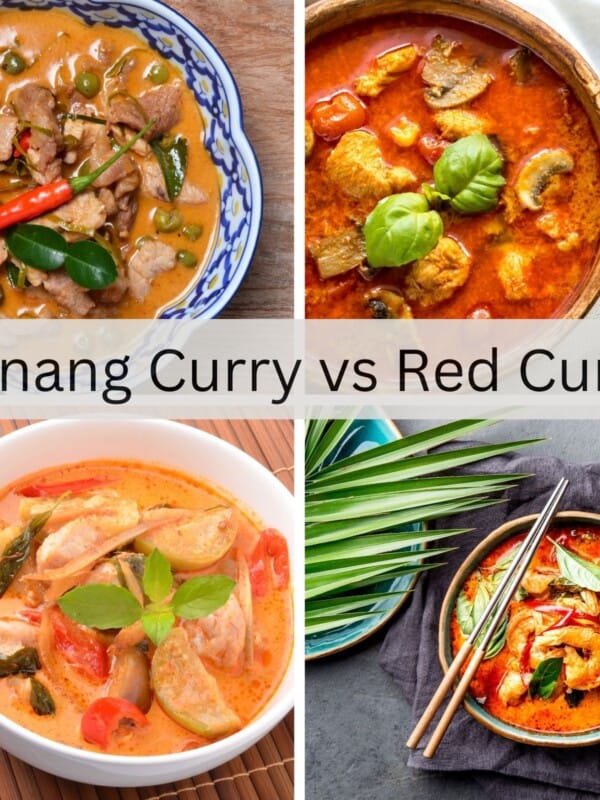 panang curry in white bowl next to red curry in wood bowl