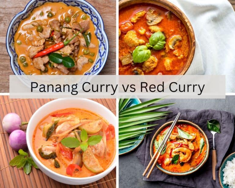 panang curry in white bowl next to red curry in wood bowl