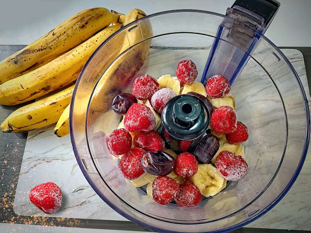 frozen strawberries and banana in blender