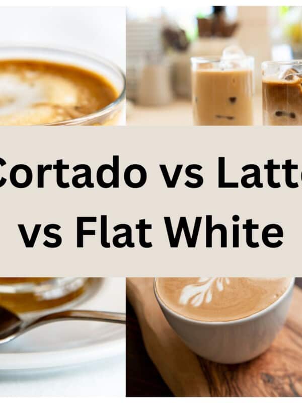 Cortado sitting next to latte sitting next to flat white coffee drink