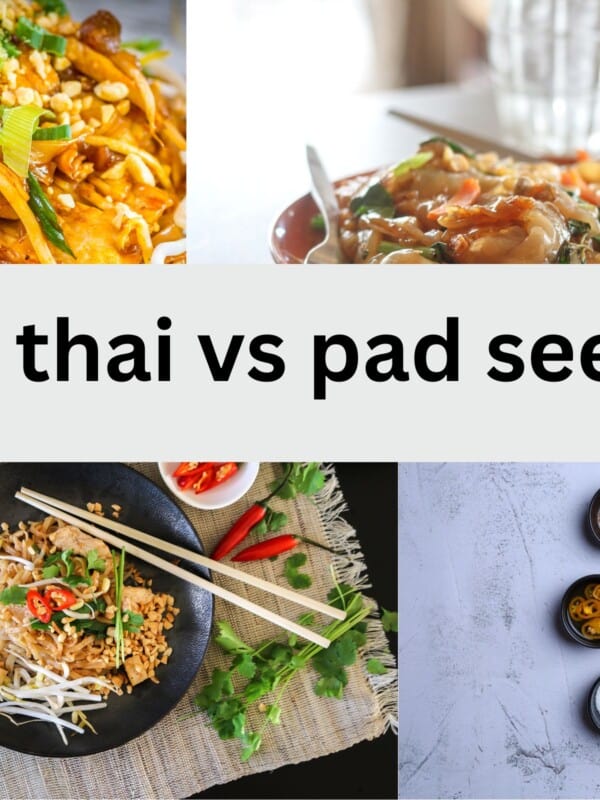 pad thai in black dish next to pad see ew in white dish