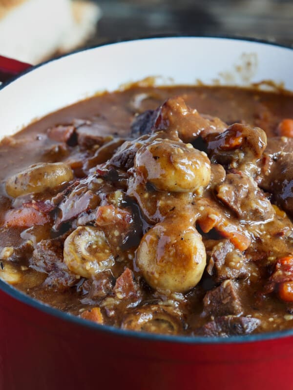 pot of deer meat bourguignon