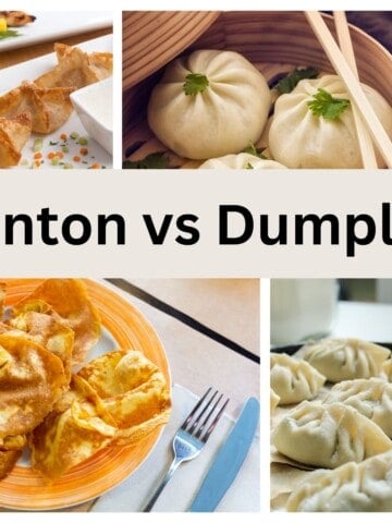 wontons on plates, next to dumplings in basket