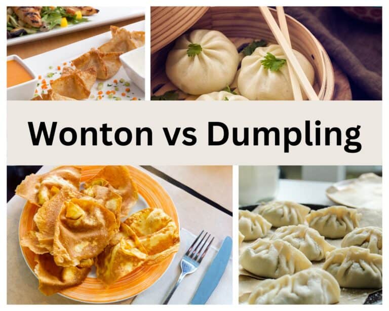 wontons on plates, next to dumplings in basket
