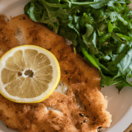 air fried chicken milanese on white plate