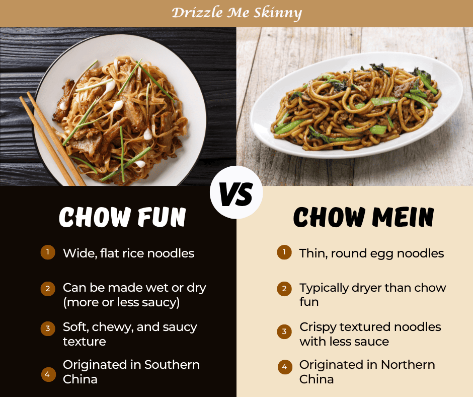 chow fun on white plate next to chow mein on white plate. 