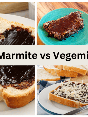 Marmite on white bread next to toast with vegemite.