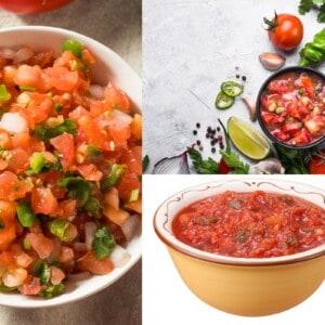 Pico de gallo in bowl next to salsa in bowl