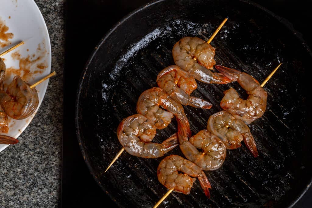 shrimp skewers on grill pan