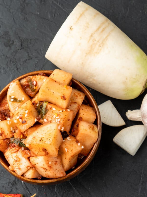 Korean daikon radish salad in a bowl