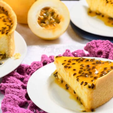 slice of passion fruit pie on a white plate