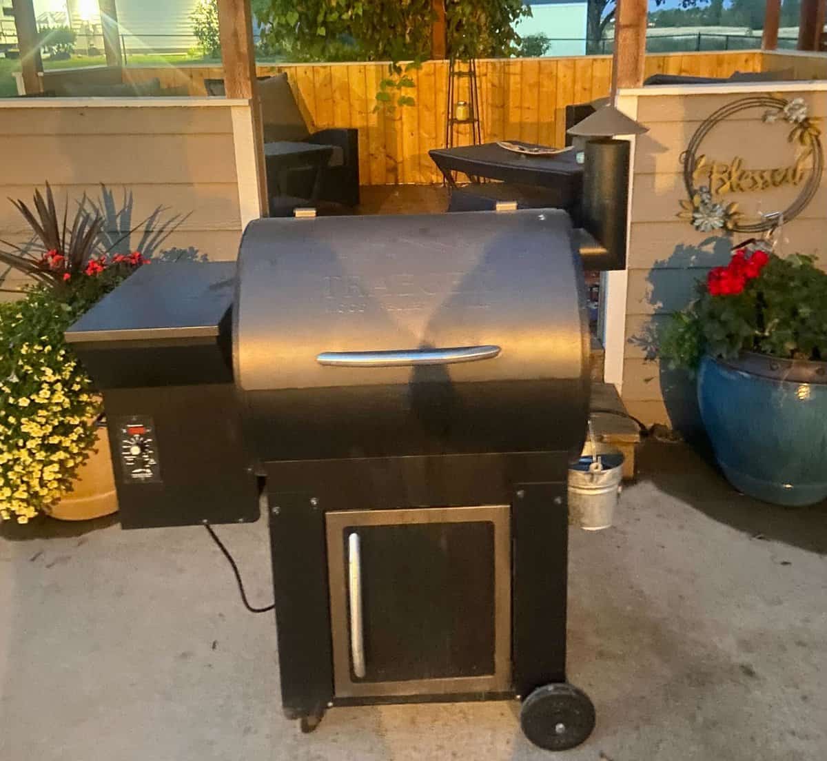 Traeger grill sitting on patio