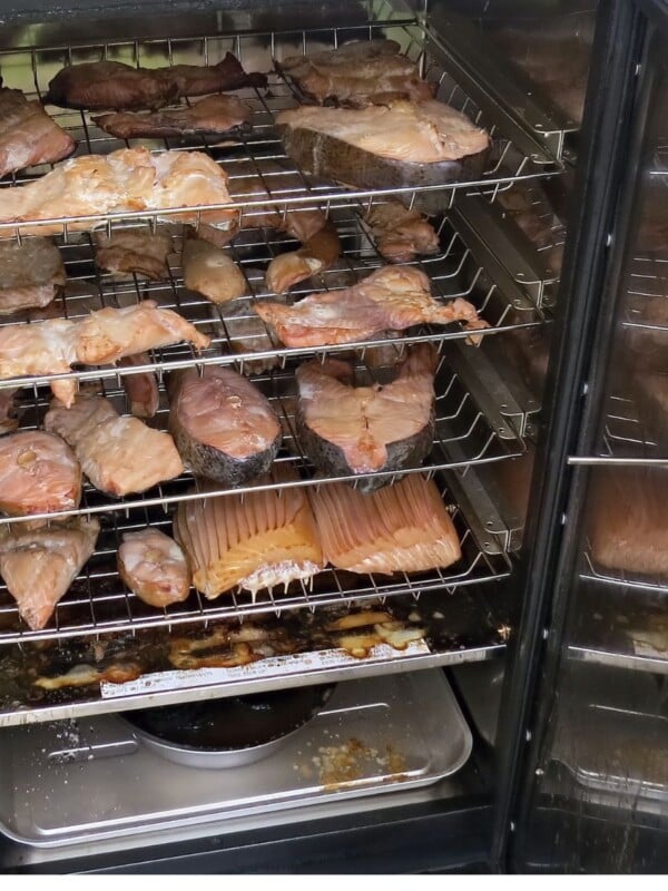 salmon cooking in smoker