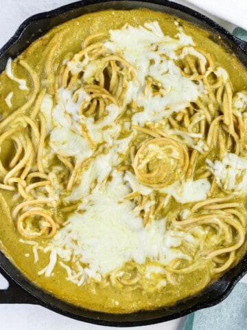 mexican green spaghetti finishing in skillet