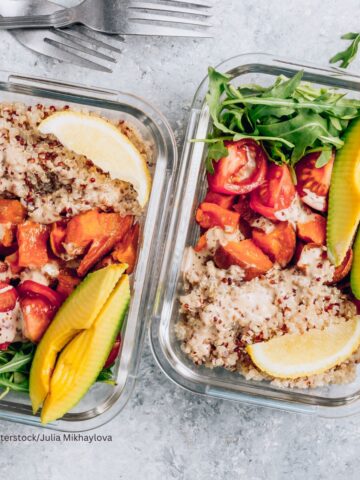 quinoa, avocado, tomato salad in meal prep container