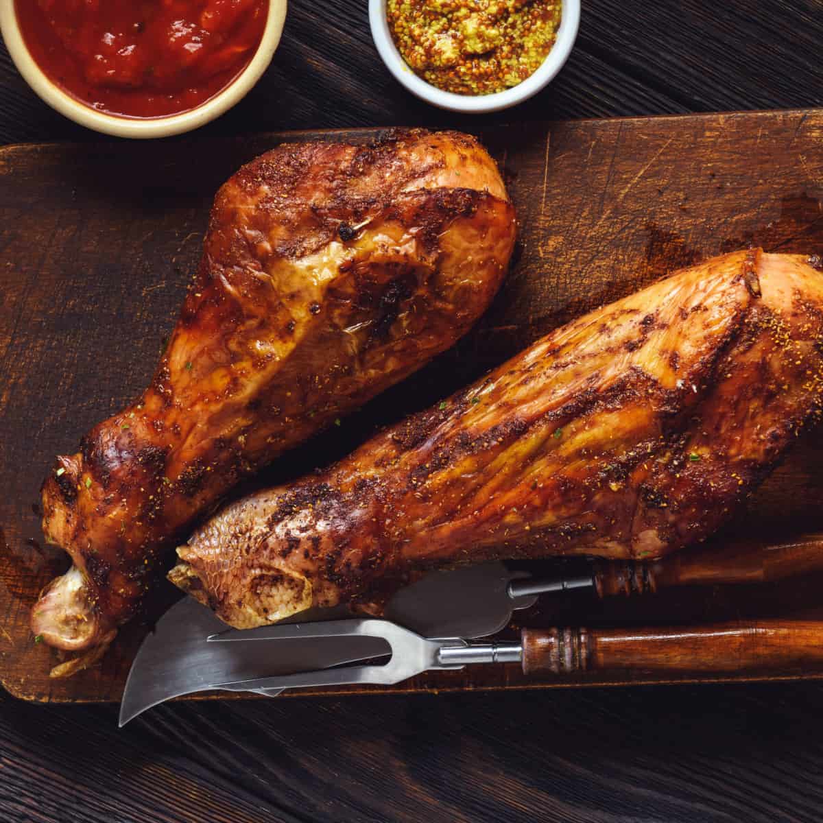 smoked turkey leg on cutting board