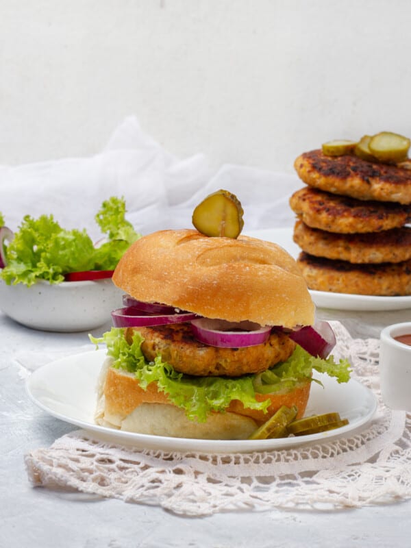 Delicious homemade chicken burger on a bun.