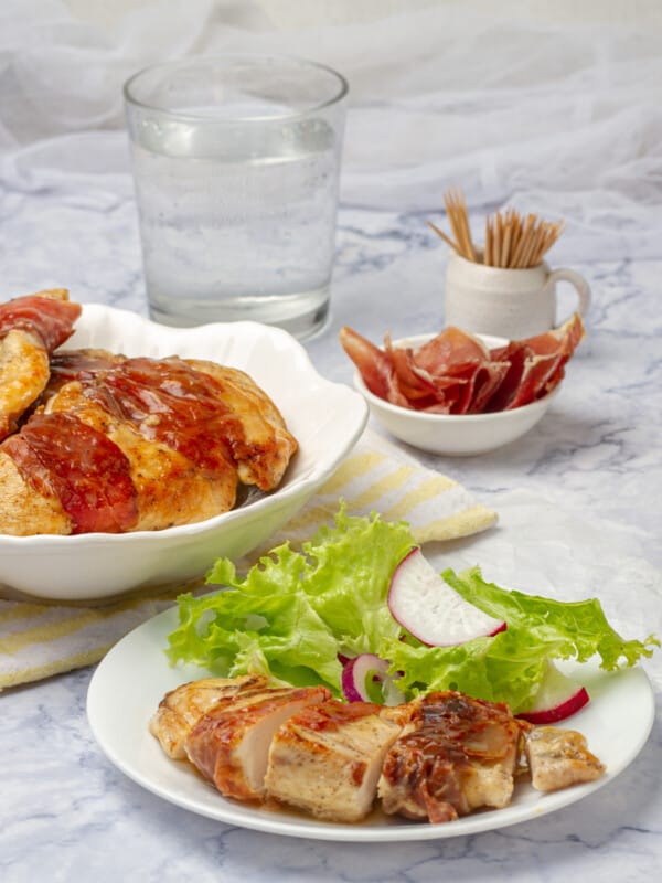 Chicken Saltimbocca, a lightened-up version of the Italian veal classic, served on a dish.
