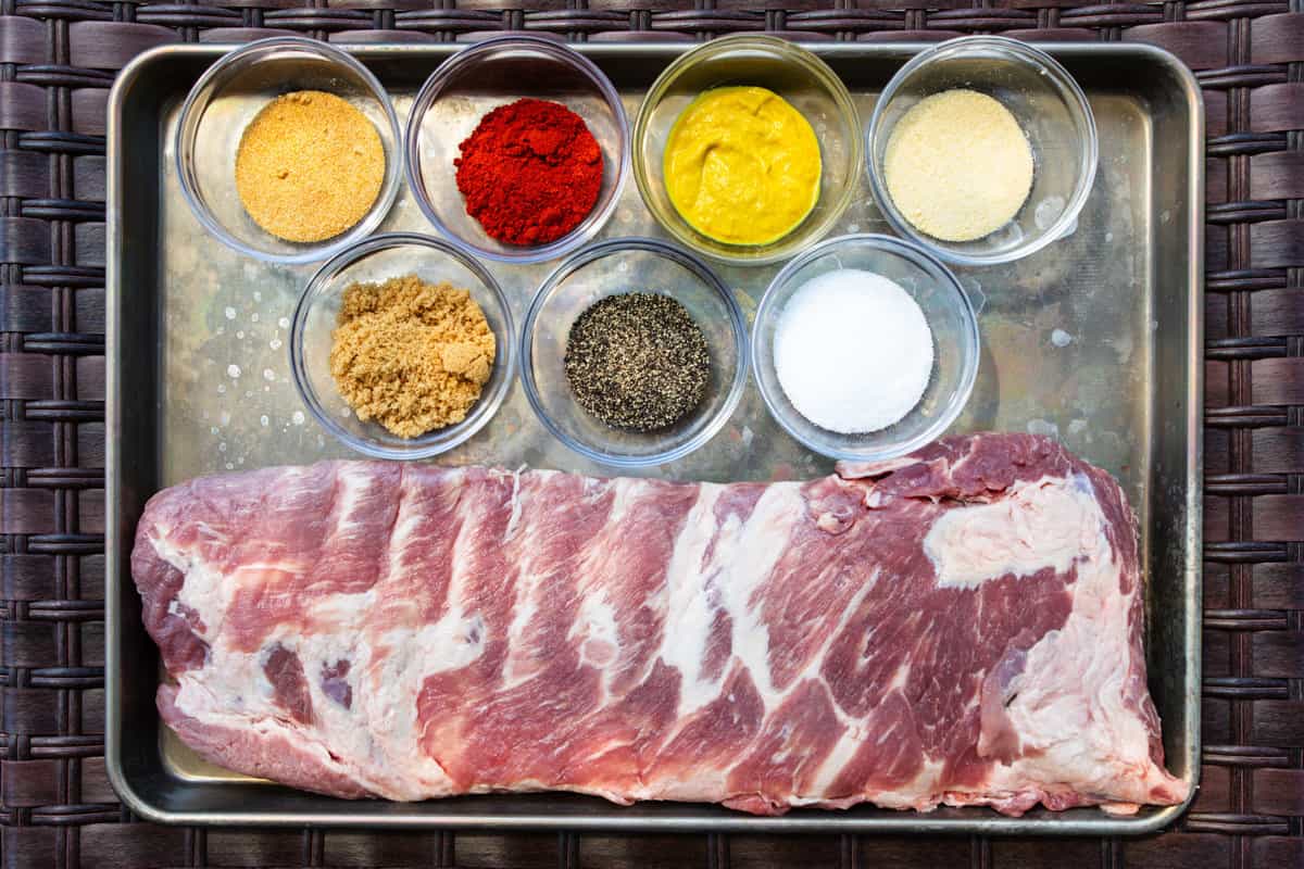 raw spare ribs and ingredients mise en place