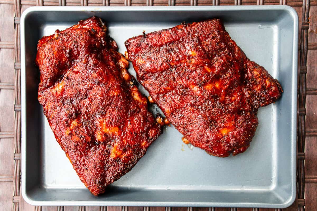 glazed smoked spare ribs on a pan