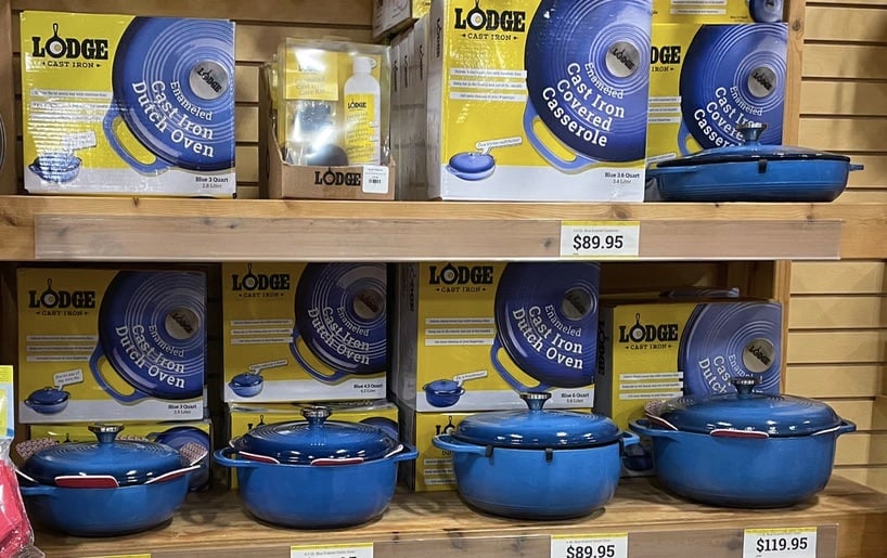 lodge enameled cast iron dutch ovens on display