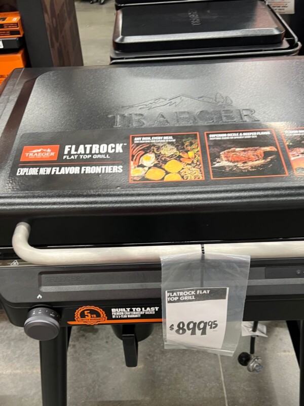 Traeger's new flat top grill, the Flatrock, sitting on the sales floor
