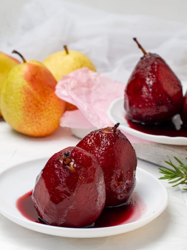 Rich and subtly sweet whole pears in red wine.