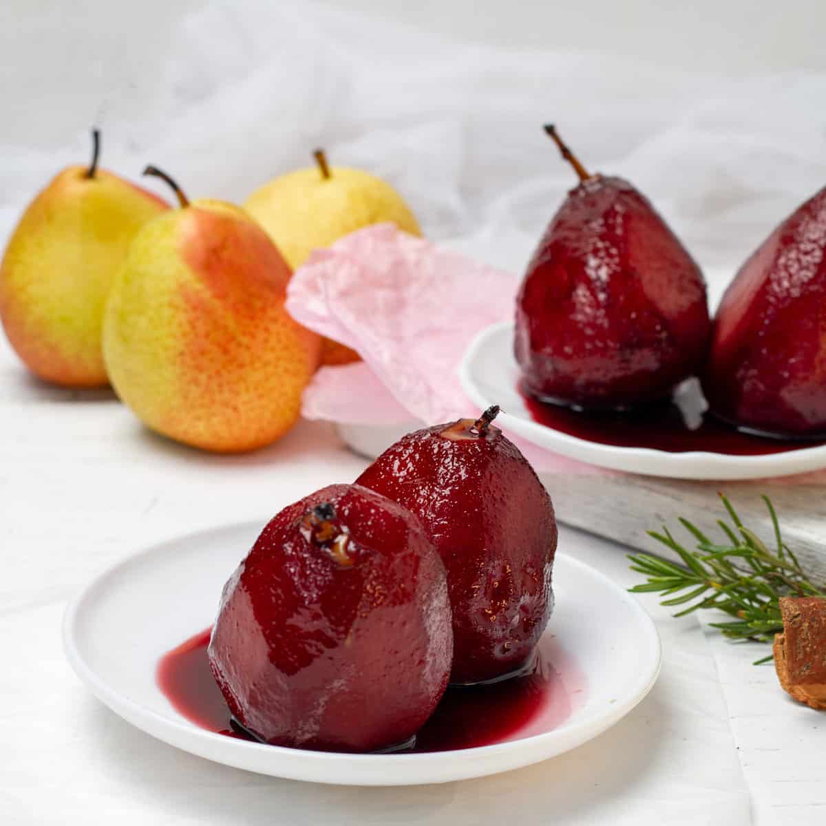 Rich and subtly sweet whole pears in red wine.