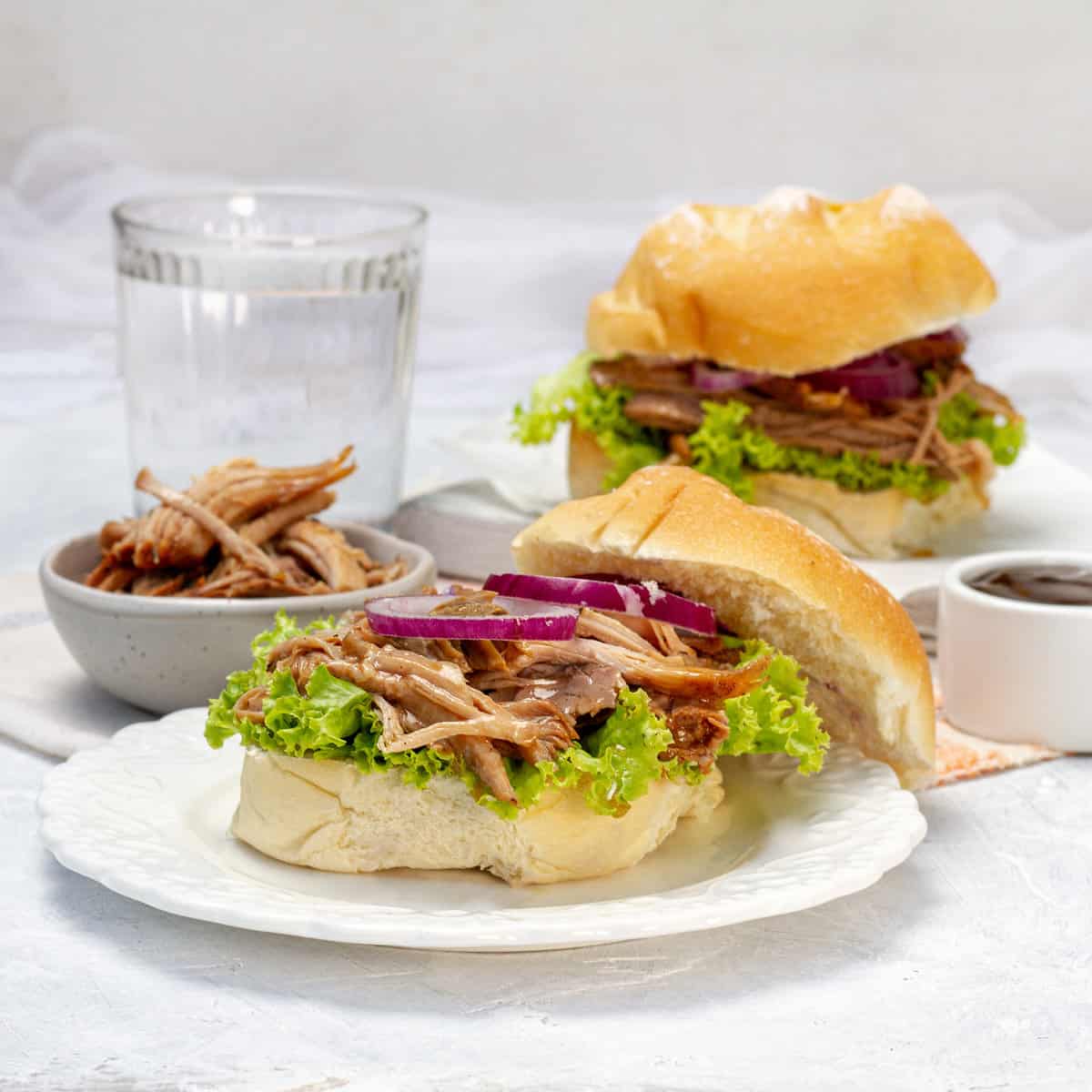 Tender and smokey BBQ pulled pork sandwiches.