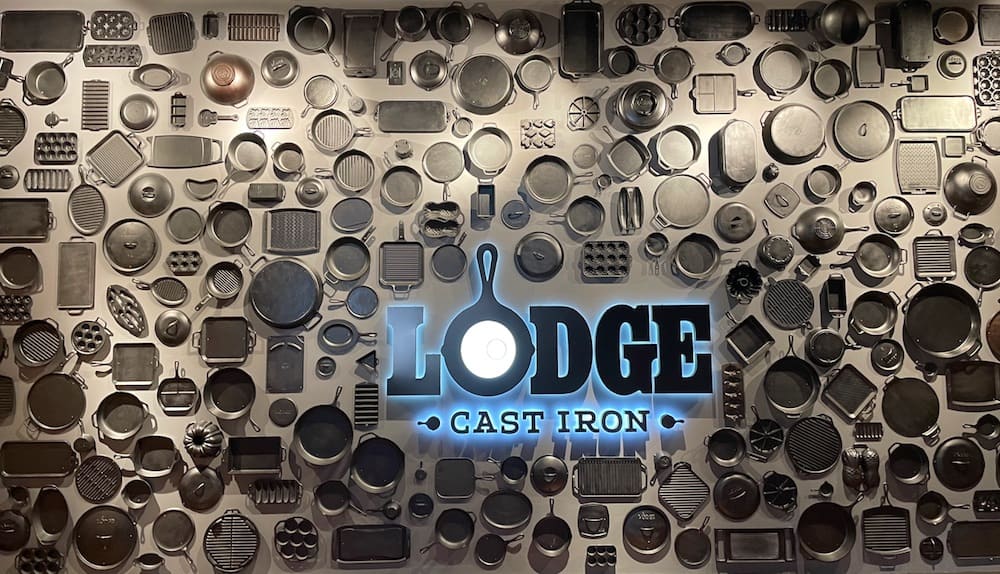 wall of lodge cast iron skillets