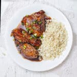 Sweet and sour Shoyu chicken and rice on a plate.