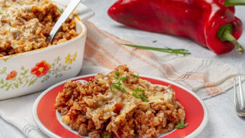 Quick and delicious Stuffed Pepper casserole topped with melted cheese.