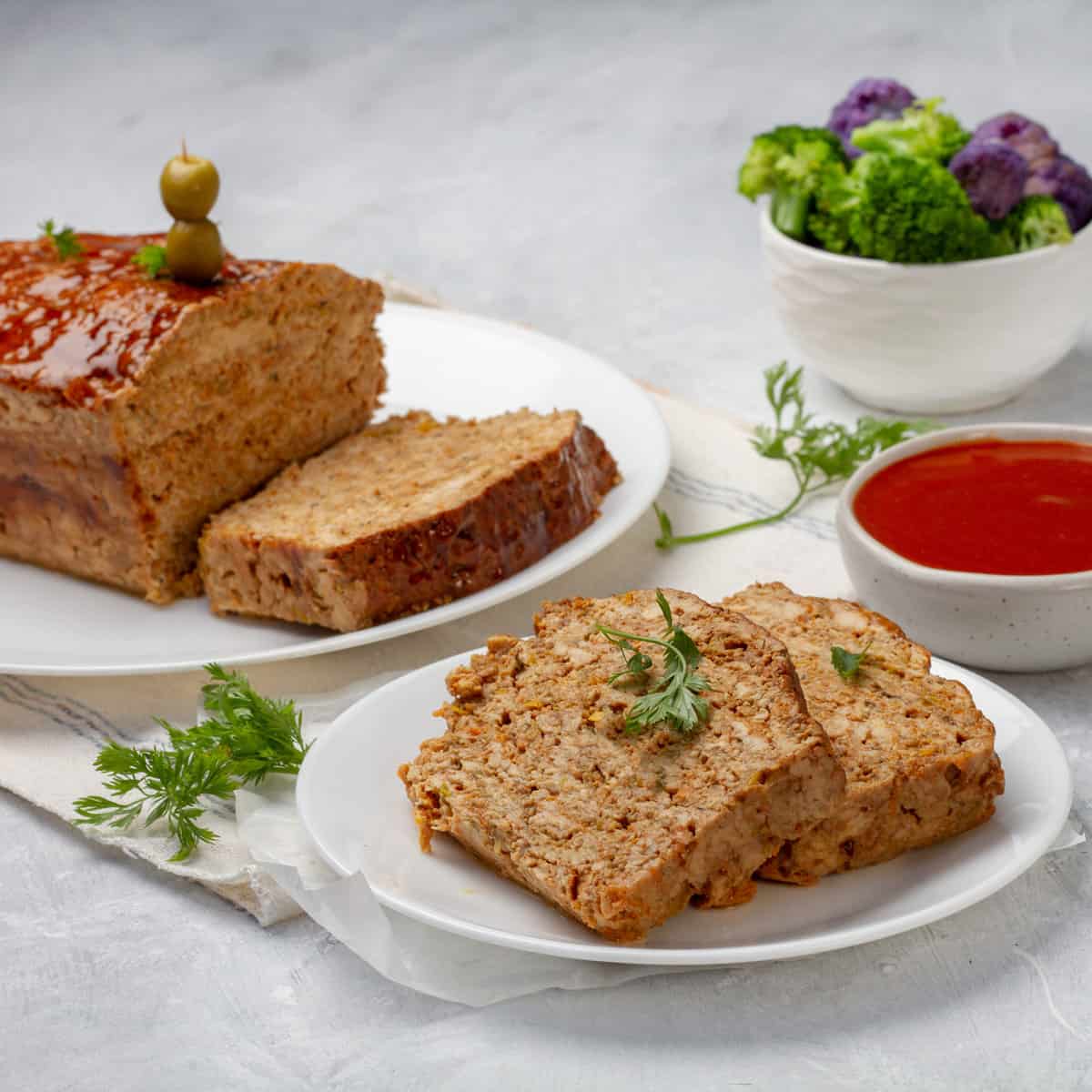 Lightened-up turkey meatloaf with a sugar-free tomato glaze.