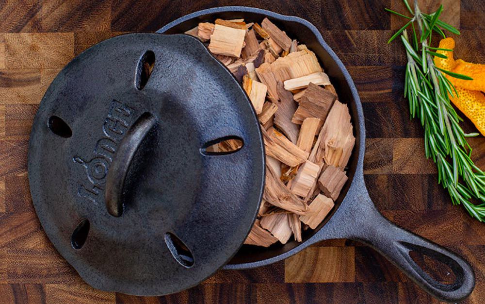lodge cast iron wood smoker with wood chips