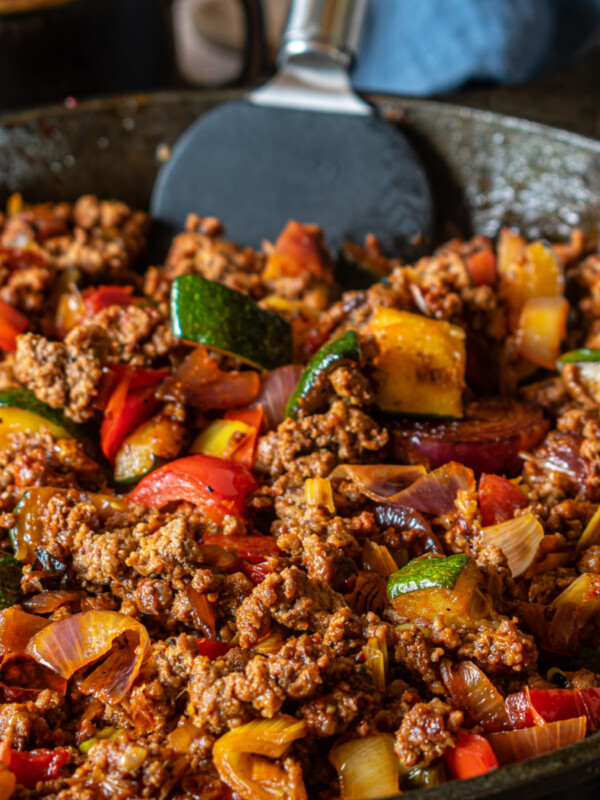 cooked ground elk with vegetables in a pan
