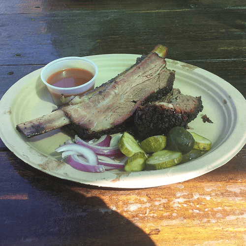 a generous ¾ lbs beef rib and ¼ lbs of fatty burnt end brisket.