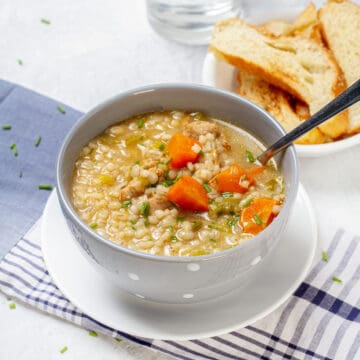 Warm and nourishing chicken and barley soup.